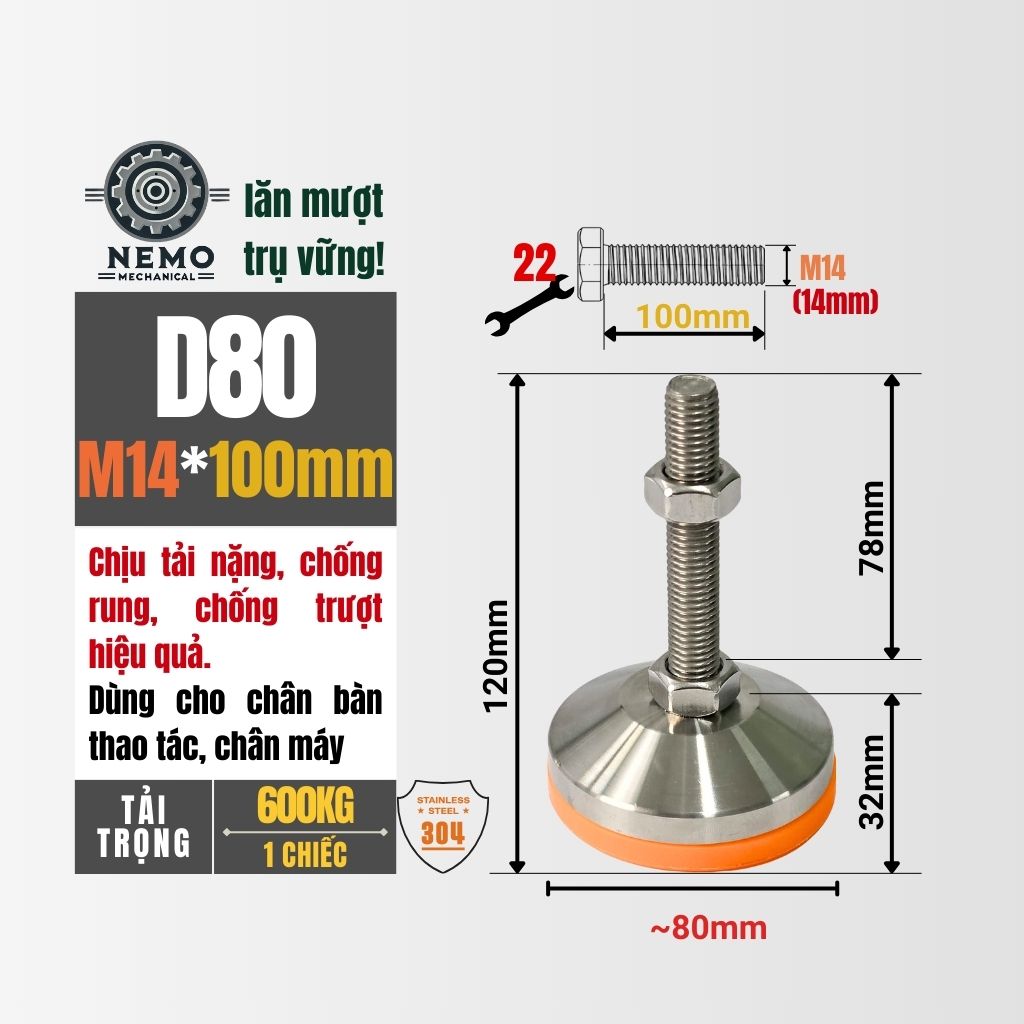 Chân Tăng Chỉnh Inox 304 Ren M14 – Đế Bát Dày Chịu Tải Siêu Nặng 600kg, Chống Ăn Mòn Tuyệt Đối